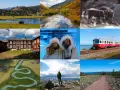 En mosaik av bilder som visar det vackra landskapet i norra Sverige: en by vid en sjö, höstfärger, vargungar, ett ishotell, ett rött hus, ett tåg, en slingrande flod, en fjällvandring och en stenig stig.