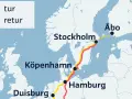 Karta som visar en rutt för tåg från Sverige till London, via Köpenhamn och Hamburg. Röd linje visar tur, gul linje visar retur.