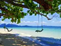 Gungor hänger från ett träd vid en strand i Thailand. Vackert turkost vatten och berg i bakgrunden. En idyllisk plats, trots att det är regnperiod.