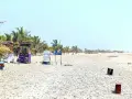 En strand i Gambia med palmer, solstolar och juicebar. Perfekt för gambia turism.