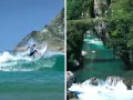 Surfare på en våg vid en klippa och en turkos flod med en stenbro och vandrare. Vacker natur i Spanien.