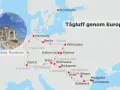 Karta över en tågluff genom Europa med stopp i Stockholm, Hamburg, Berlin, Warszawa, Zürich, Wien, Budapest och Bukarest. Tips för tågluffa Europa!