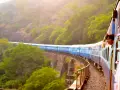 Ung man ler från tågfönstret på en resa genom grönskande landskap. Bra interrail tips för äventyrliga resor!