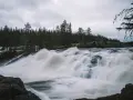 Vattenfall i Skellefteå med forsande vatten och en tät barrskog i bakgrunden under en molnig himmel.