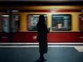 Kvinna med mobil på perrongen i Berlin, en gul och röd tunnelbanevagn susar förbi. Perfekt för din berlin reseguide.