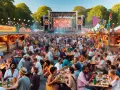 En livlig scen från festivaler i Sverige med en stor publik, matstånd och en scen med artister.