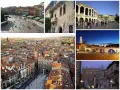 En mosaik av vackra vyer från Verona, Italien. En livlig piazza, Julias balkong, amfiteater, stadssiluett och en bro över floden Adige.