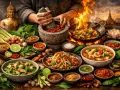 En rik och färgstark presentation av thailand matkultur. En Buddha-staty, kryddor, örter och flera läckra rätter som wokad räkor och grön curry.