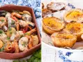 En rustik portugisisk gryta med fisk, skaldjur och potatis bredvid en tallrik med söta portugisiska bakverk, pastéis de nata.