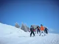 Familj njuter av skidåkning i mars. Barn och vuxna i skidkläder på en snöig backe med träd i bakgrunden. Ett perfekt resmål mars för vinteraktiviteter.