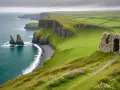 Gröna klippor vid havet, en ruin och vilda blommor. En dröm för en rundresa Irland på egen hand.