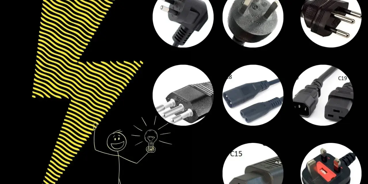En illustration med en blixt och en figur som håller en glödlampa. Runtom finns olika eluttag, inklusive ett som liknar ett eluttag i Danmark.