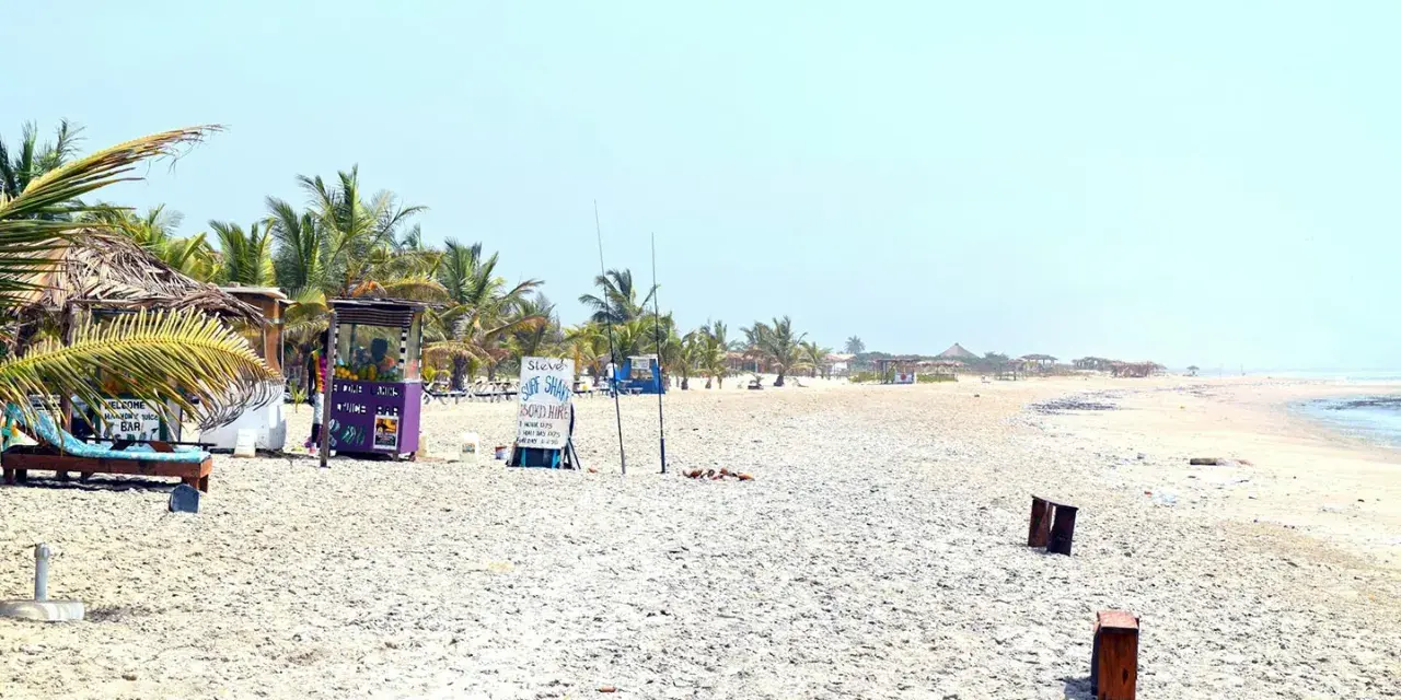 En strand i Gambia med palmer, solstolar och juicebar. Perfekt för gambia turism.