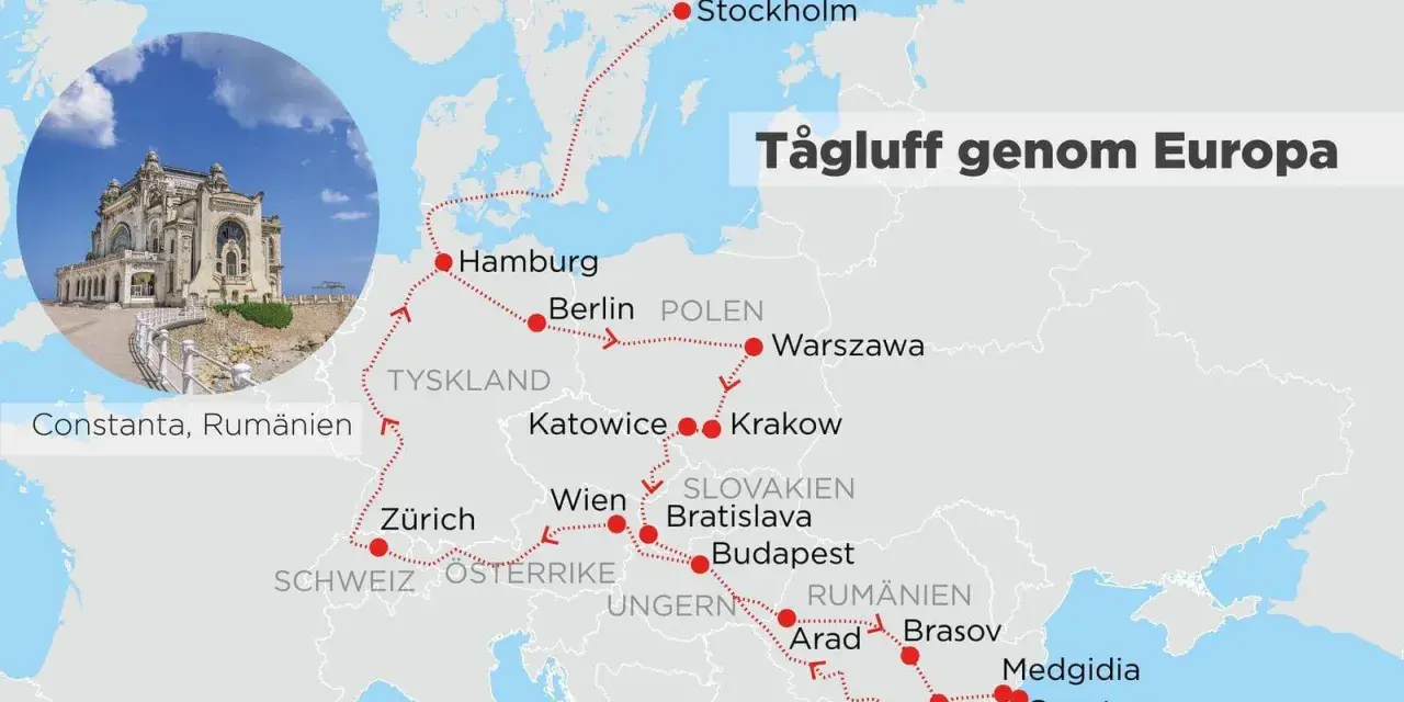Karta över en tågluff genom Europa med stopp i Stockholm, Hamburg, Berlin, Warszawa, Zürich, Wien, Budapest och Bukarest. Tips för tågluffa Europa!