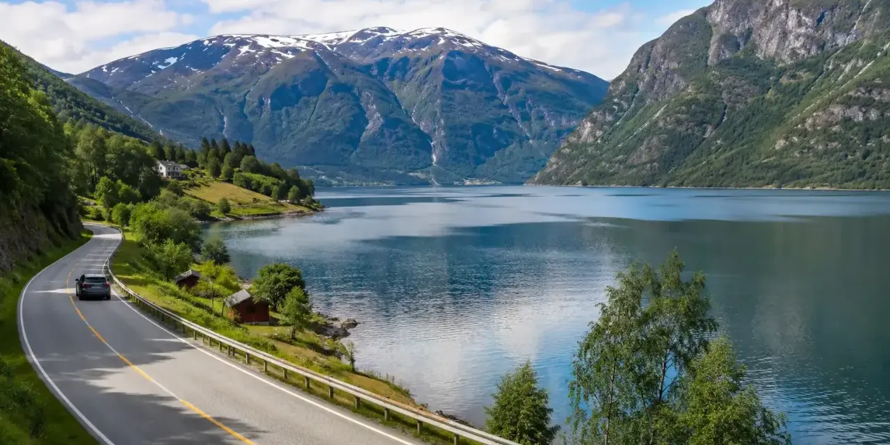 En bil kör längs en slingrande väg vid en fjord, med snöklädda berg i bakgrunden. En perfekt bild för en semester i Norge.