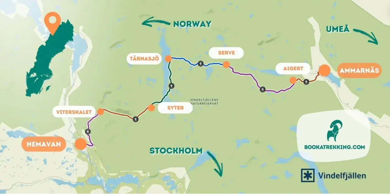 Karta över kungsleden etapper från Hemavan till Ammarnäs, med platser som Viterskålet, Syter och Vindelfjällen.
