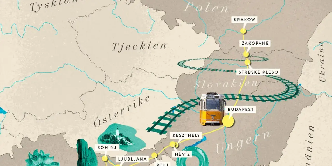 En karta som visar en tågresa från Italien, genom Österrike och Ungern, till Kroatien. En gul spårvagn illustrerar resan.