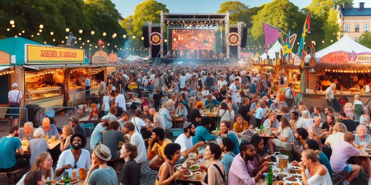 En livlig scen från festivaler i Sverige med en stor publik, matstånd och en scen med artister.