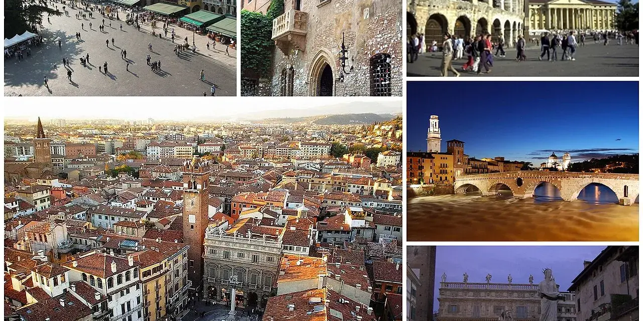 En mosaik av vackra vyer från Verona, Italien. En livlig piazza, Julias balkong, amfiteater, stadssiluett och en bro över floden Adige.