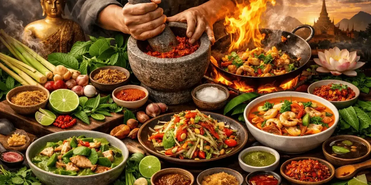 En rik och färgstark presentation av thailand matkultur. En Buddha-staty, kryddor, örter och flera läckra rätter som wokad räkor och grön curry.