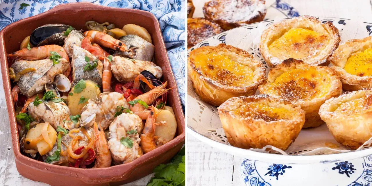 En rustik portugisisk gryta med fisk, skaldjur och potatis bredvid en tallrik med söta portugisiska bakverk, pastéis de nata.