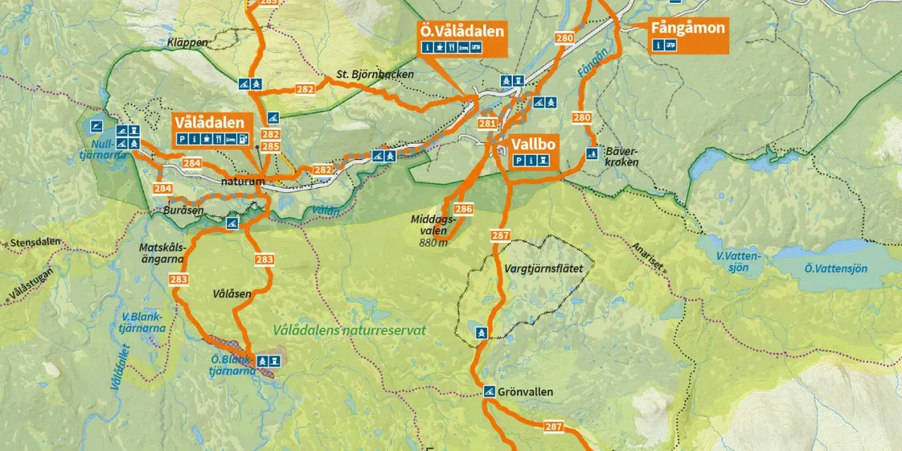 Karta över Vålådalen med markerade vandringsleder, sevärdheter som Ottfjället och Vallbo. Perfekt för din Vålådalen vandring.