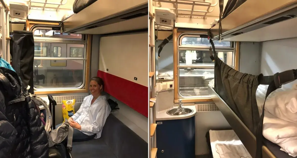 En kvinna sitter i en liggvagn SJ. Bredvid henne finns bagage och en bädd.