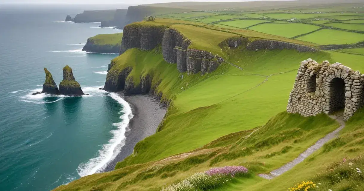 Gröna klippor vid havet, en ruin och vilda blommor. En dröm för en rundresa Irland på egen hand.