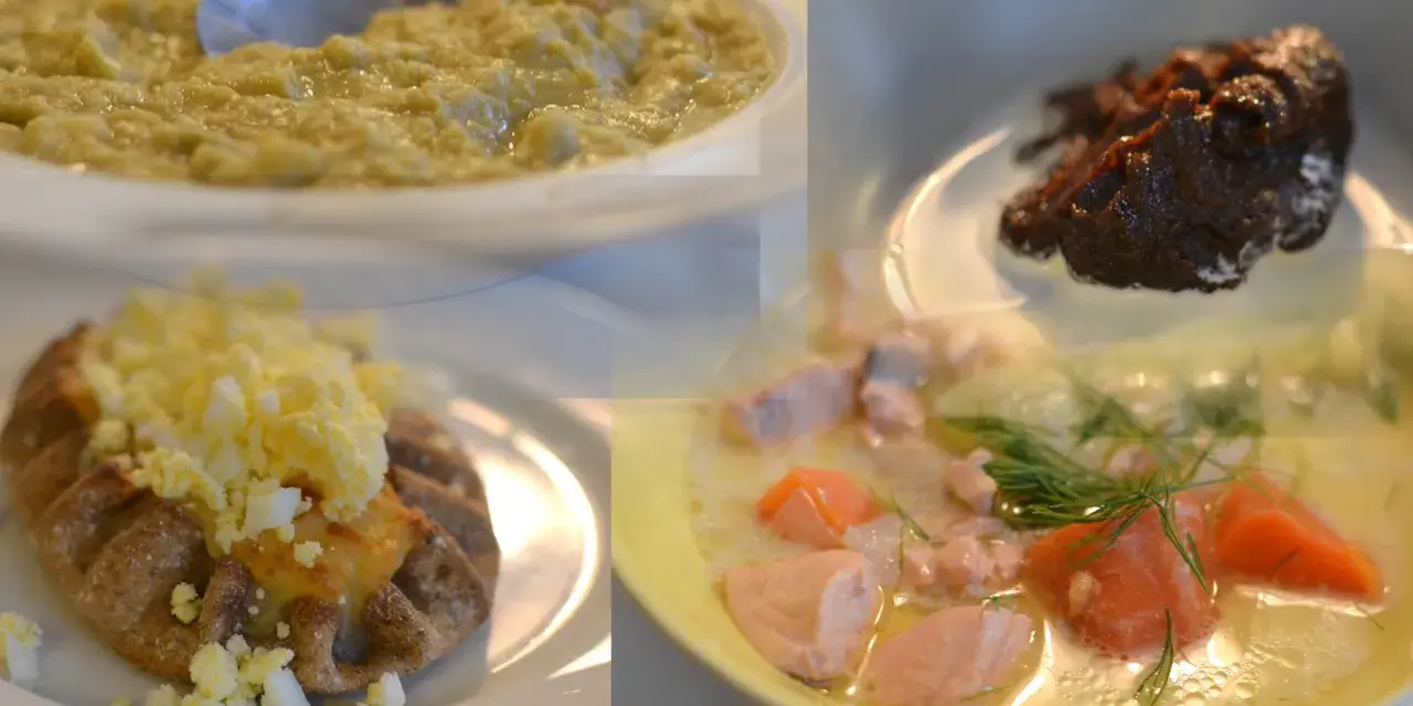 En collage av fyra rätter: grön puré, en pirog med ägg, en mörk röra och en laxsoppa. En del av maten ser lite konstig ut.