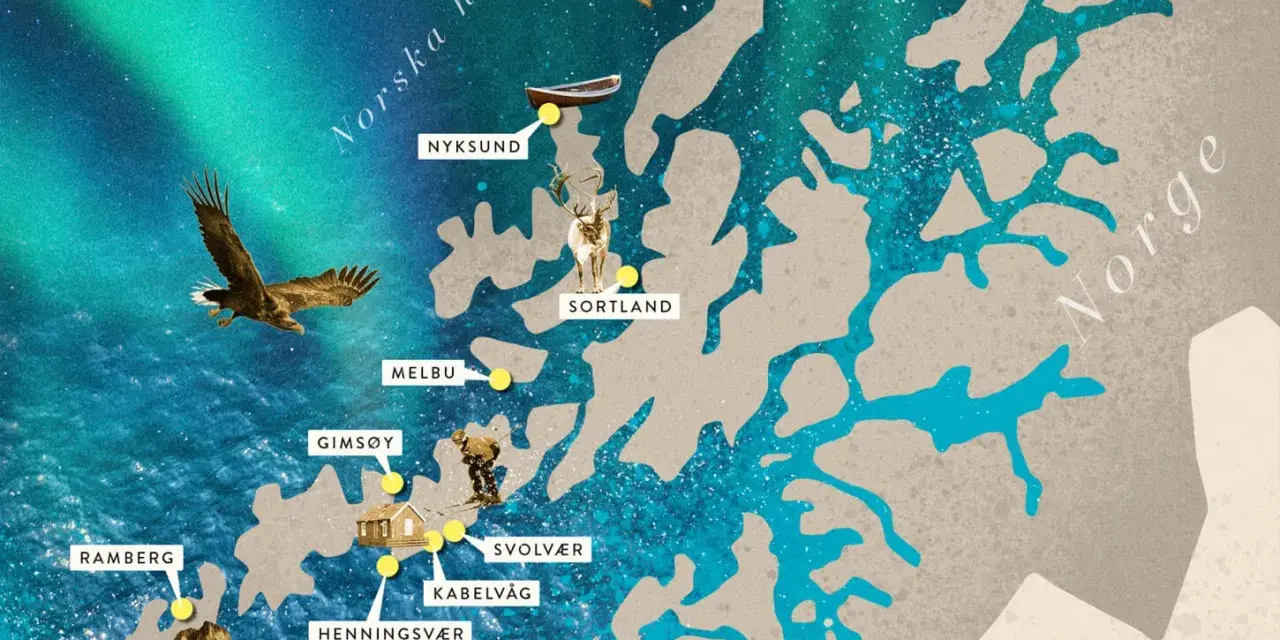 Karta över Lofoten med platser som Reine och Svolvær. En örn flyger över havet under norrskenet, som en del av resan med tåg till Lofoten.