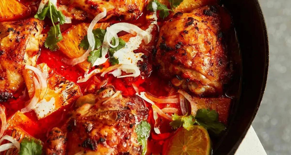 Saftiga kycklinglår i en kryddig röd sås med apelsinsegment, lök och koriander. En smak av brasilien mat.