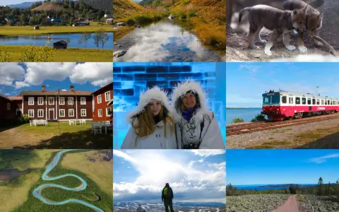 En mosaik av bilder som visar det vackra landskapet i norra Sverige: en by vid en sjö, höstfärger, vargungar, ett ishotell, ett rött hus, ett tåg, en slingrande flod, en fjällvandring och en stenig stig.