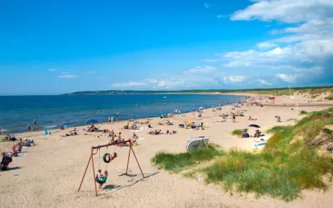 En solig strand i Halland med många badgäster, sanddyner och en gungställning.