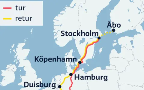 Karta som visar en rutt för tåg från Sverige till London, via Köpenhamn och Hamburg. Röd linje visar tur, gul linje visar retur.