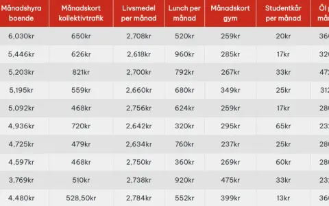 Tabell visar månadskostnader för boende, mat, transport m.m. i svenska städer. Linköping är billigaste staden i Sverige med lägst totala utgifter.