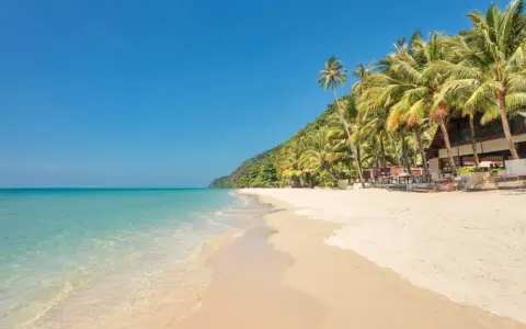 En strand på Ko Chang med palmer, turkost vatten och en byggnad.