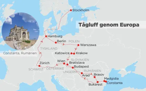 Karta över en tågluff genom Europa med stopp i Stockholm, Hamburg, Berlin, Warszawa, Zürich, Wien, Budapest och Bukarest. Tips för tågluffa Europa!