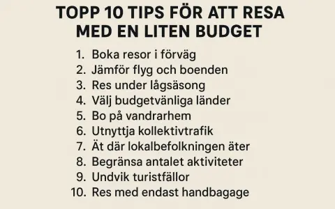 Topp 10 tips för en budget resa: boka tidigt, jämför boende, res under lågsäsong, välj budgetvänliga länder, bo på vandrarhem, använd kollektivtrafik, ät lokalt, begränsa aktiviteter, undvik turistfällor, res med handbagage.