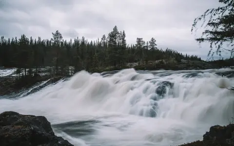 Vattenfall i Skellefteå med forsande vatten och en tät barrskog i bakgrunden under en molnig himmel.