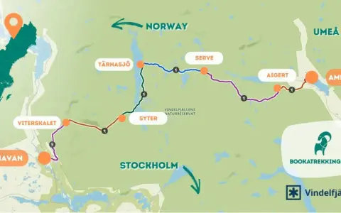 Karta över kungsleden etapper från Hemavan till Ammarnäs, med platser som Viterskålet, Syter och Vindelfjällen.