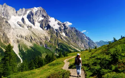 En person vandrar på en stig i Chamonix med majestätiska berg och en glaciär i bakgrunden.