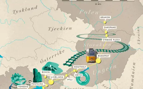 En karta som visar en tågresa från Italien, genom Österrike och Ungern, till Kroatien. En gul spårvagn illustrerar resan.