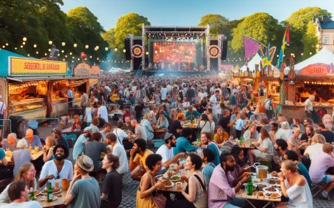 En livlig scen från festivaler i Sverige med en stor publik, matstånd och en scen med artister.