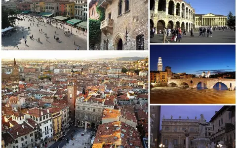 En mosaik av vackra vyer från Verona, Italien. En livlig piazza, Julias balkong, amfiteater, stadssiluett och en bro över floden Adige.