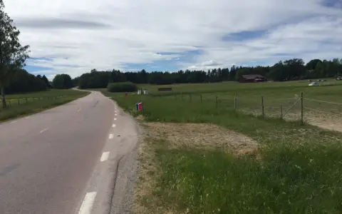 Vacker väg kantad av grönska, perfekt för att utforska Sveriges cykelleder. En röd lada skymtar i bakgrunden.