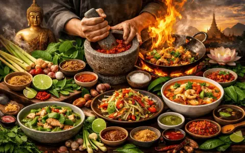 En rik och färgstark presentation av thailand matkultur. En Buddha-staty, kryddor, örter och flera läckra rätter som wokad räkor och grön curry.