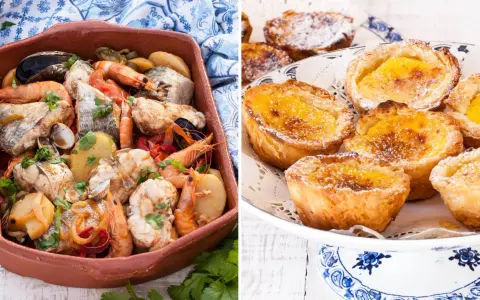En rustik portugisisk gryta med fisk, skaldjur och potatis bredvid en tallrik med söta portugisiska bakverk, pastéis de nata.