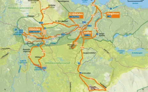 Karta över Vålådalen med markerade vandringsleder, sevärdheter som Ottfjället och Vallbo. Perfekt för din Vålådalen vandring.