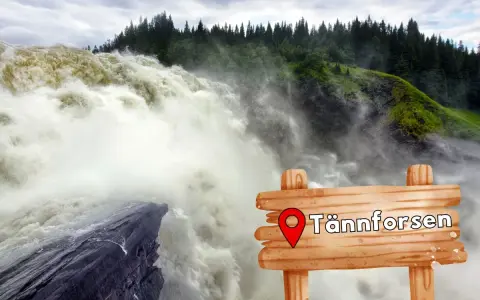 Vattenfall i Sverige, Tännforsen, med en mäktig forsande vattenmassa och en skogsklädd sluttning.