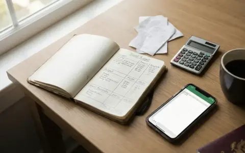 Anteckningar, kvittohög, miniräknare och mobil visar hur man kan spara till resa.